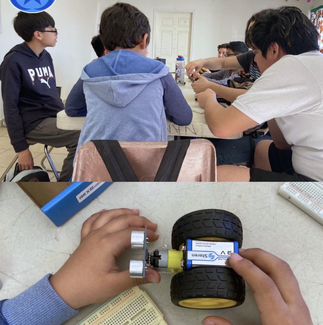 Manos de un alumno con los motorreductores y las ruedas del kit de robótica de Qubiko