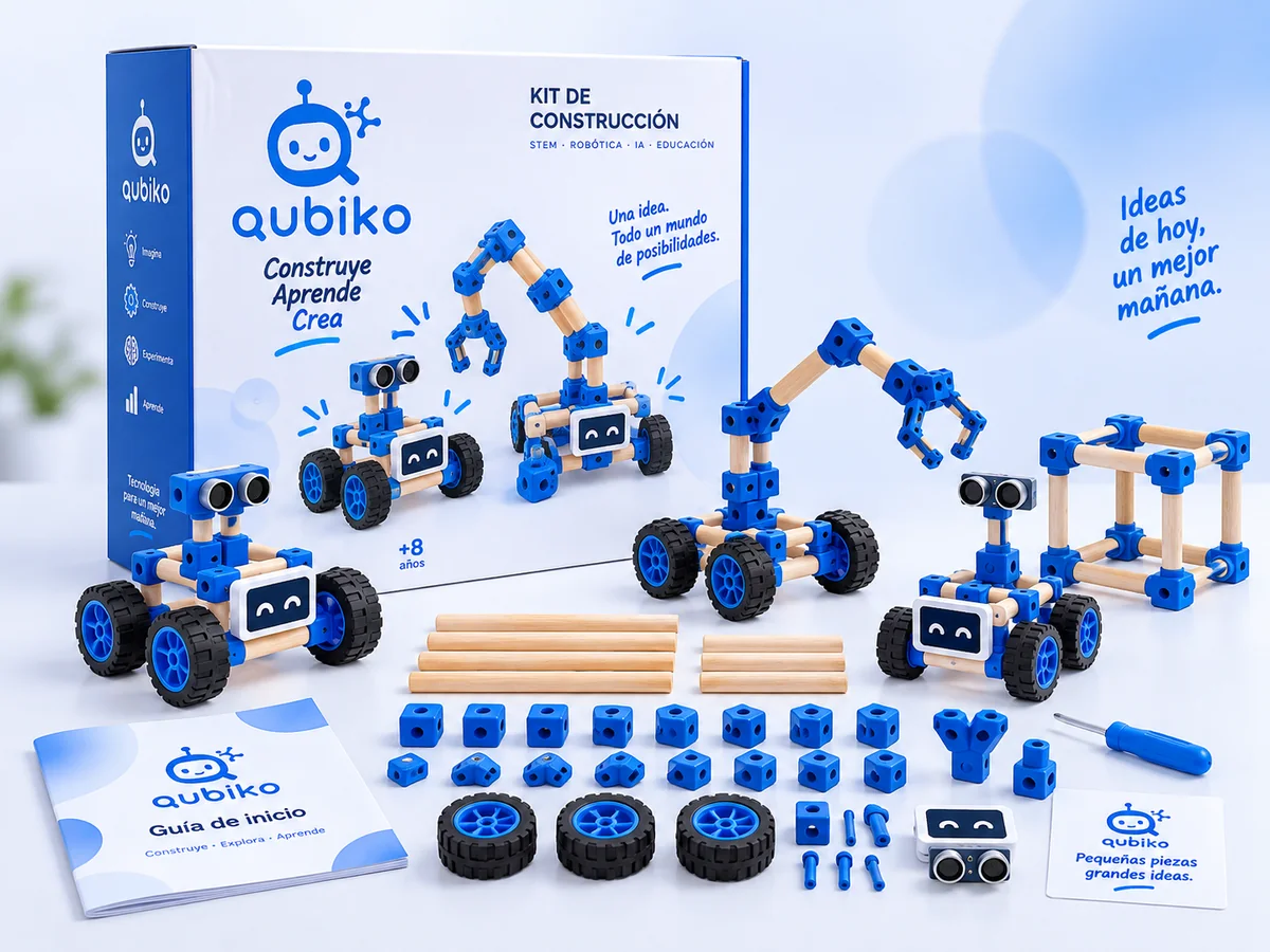 Caja de Qubiko Build con robots de tarugos de madera y conectores azules, ruedas, piezas sueltas y guía de inicio