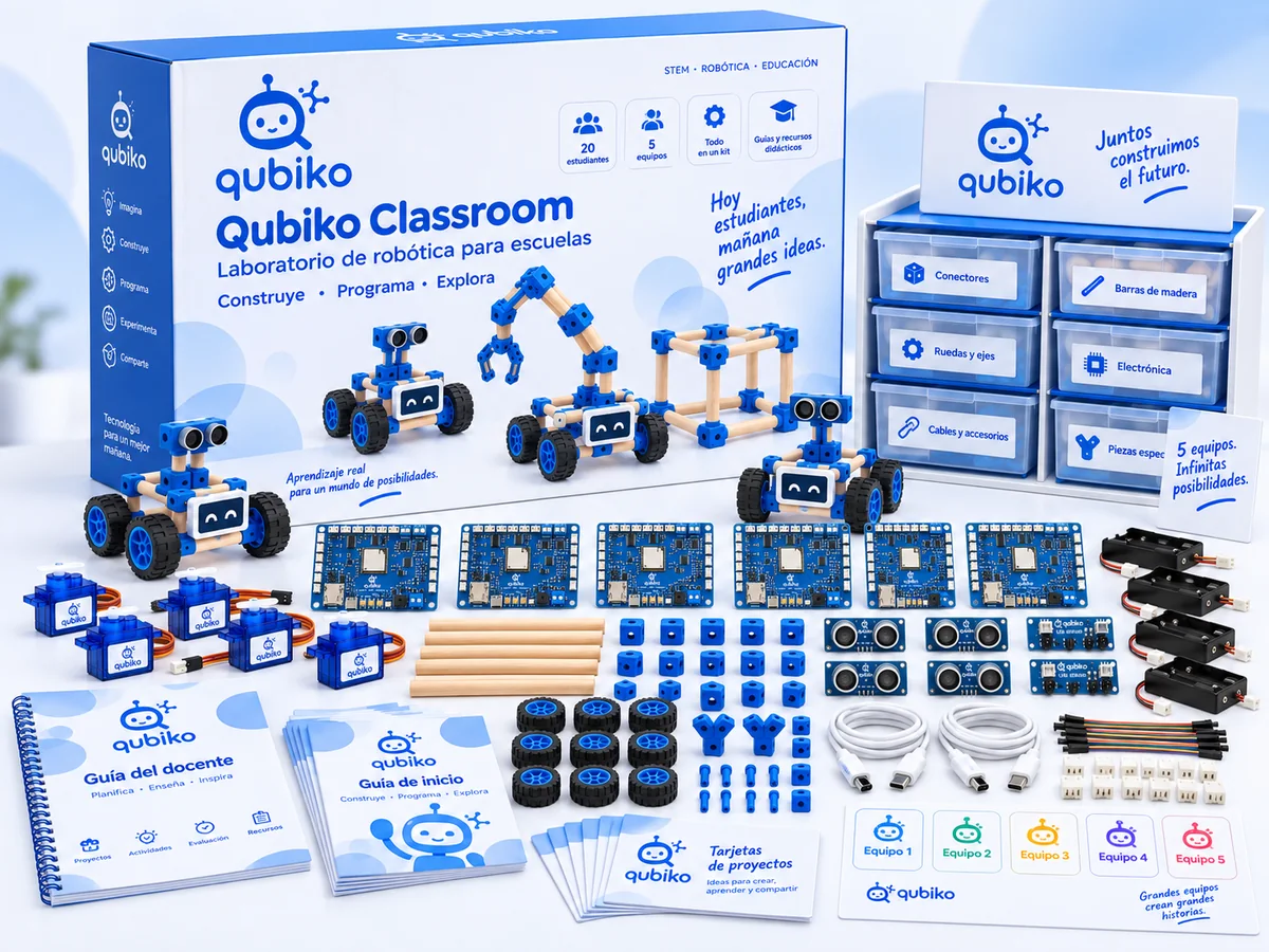 Caja de Qubiko Classroom con organizador, placas Qubiko Core, servos, sensores, ruedas, tarugos, guías del docente y tarjetas de proyectos para 5 equipos