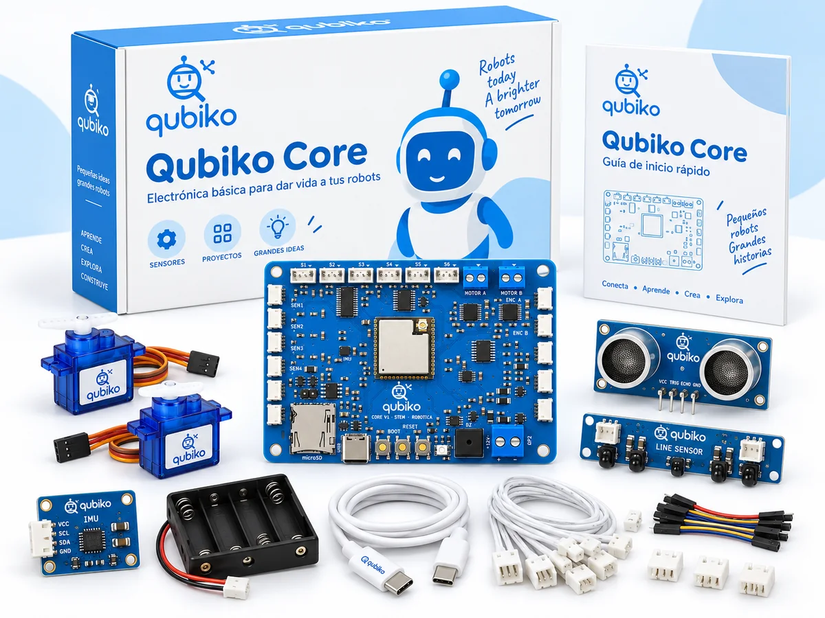 Caja de Qubiko Core con la placa, dos servomotores, sensor ultrasónico, sensor de línea, IMU, portapilas, cable USB-C, cables y guía de inicio rápido