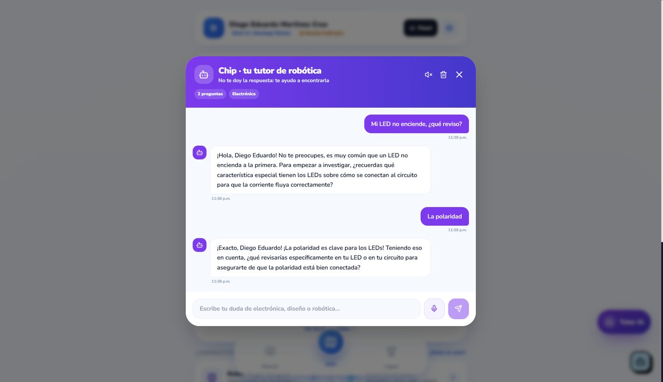 Conversación con Chip: el alumno pregunta por qué no enciende su LED y el tutor responde con otra pregunta sobre la polaridad en lugar de dar la solución