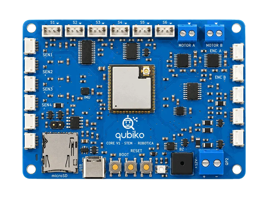 Placa Qubiko Core V1 con conectores para sensores, servos y motores