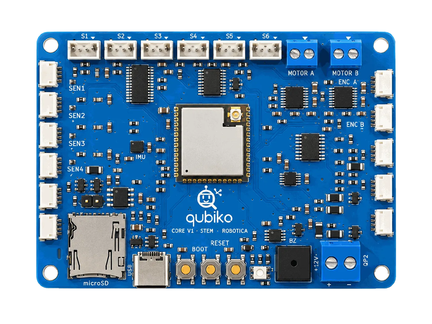 Placa Qubiko Core V1 con conectores SEN, S1 a S6, Motor A y Motor B, USB-C y microSD
