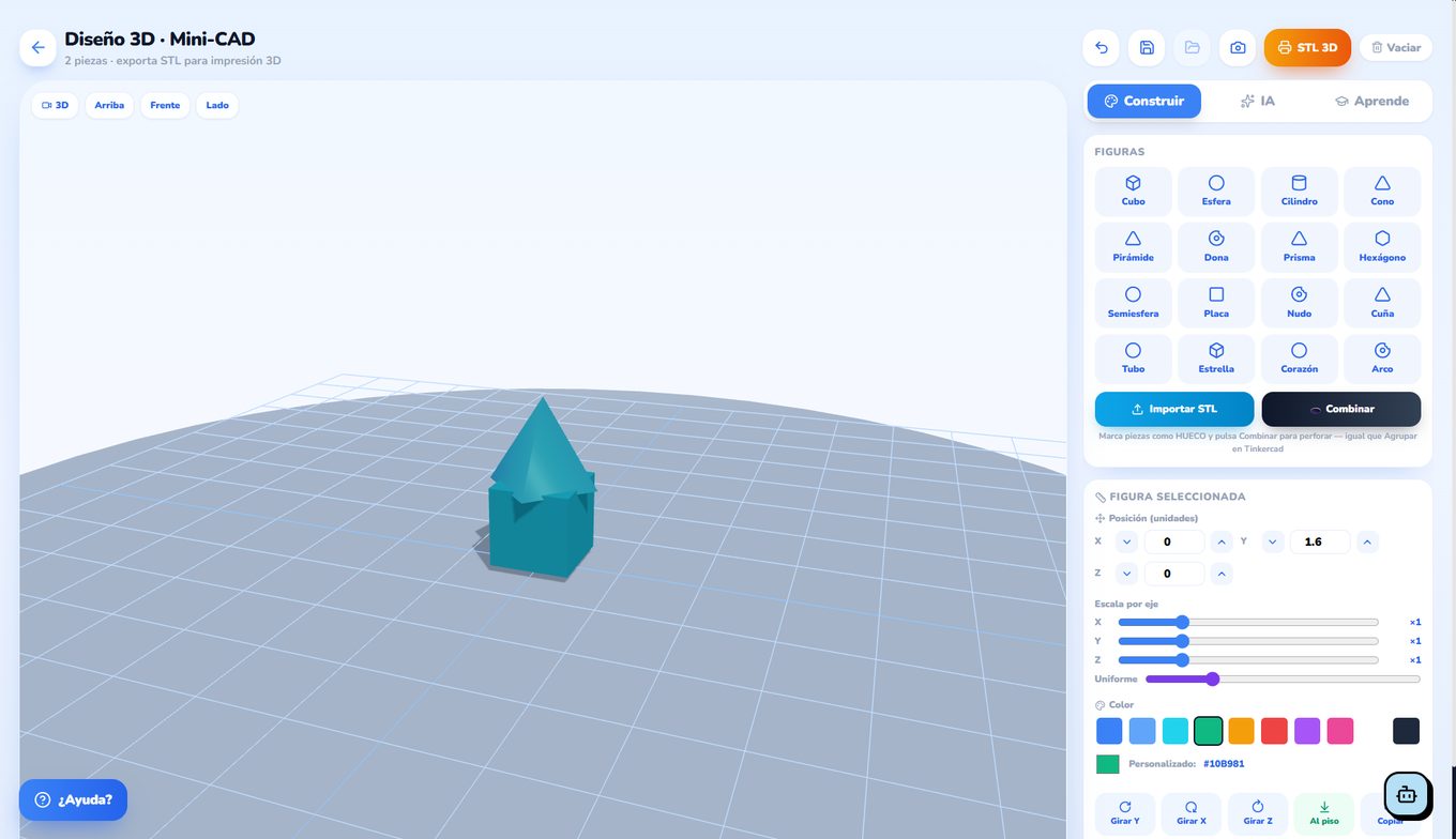 Editor Mini-CAD de Qubiko con una pieza modelada lista para exportar a STL