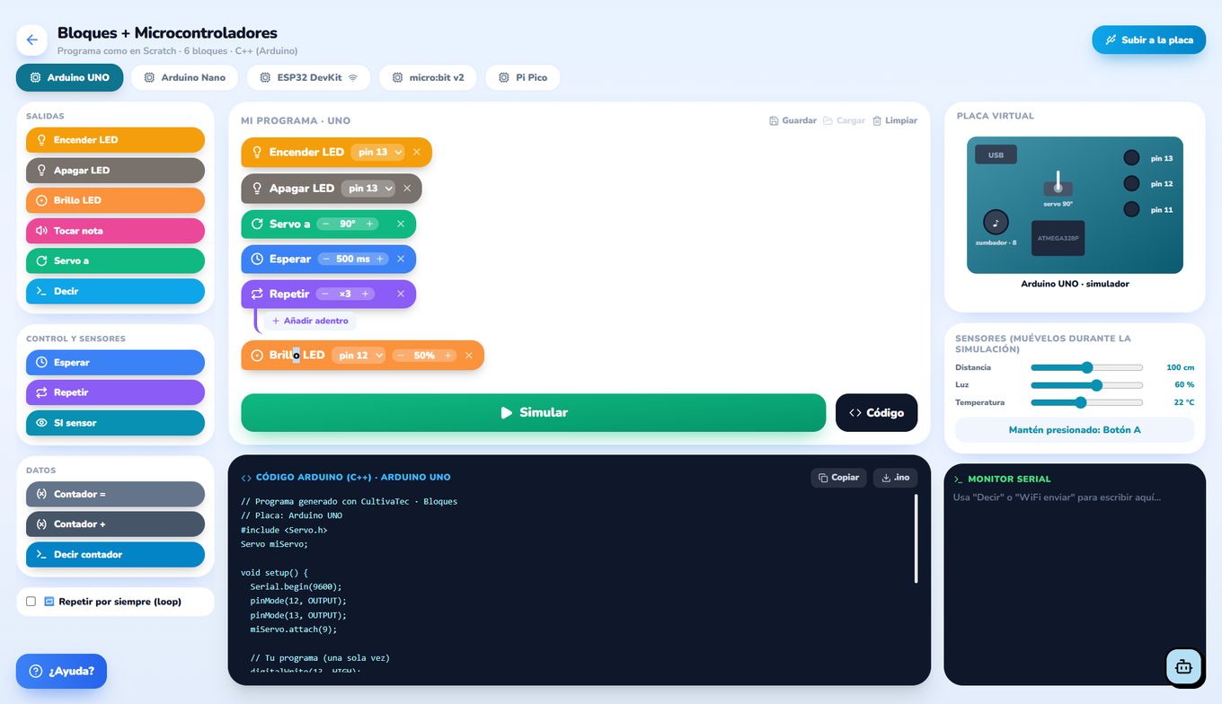 Editor de bloques de Qubiko con un programa de seis bloques, la placa virtual del Arduino UNO, deslizadores de sensores y el código C++ generado abajo