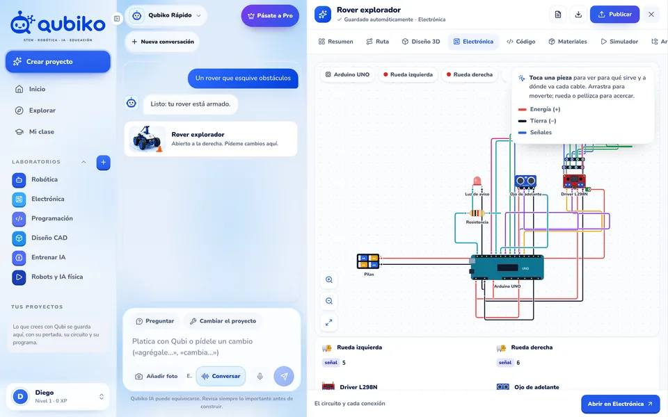 Simulador de electrónica de Qubiko con un LED encendido en la protoboard