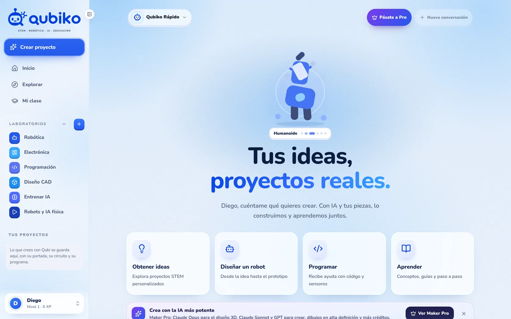 Inicio de Qubiko: «Tus ideas, proyectos reales», con Qubi, las formas de empezar y los laboratorios de robótica, electrónica, programación y diseño 3D