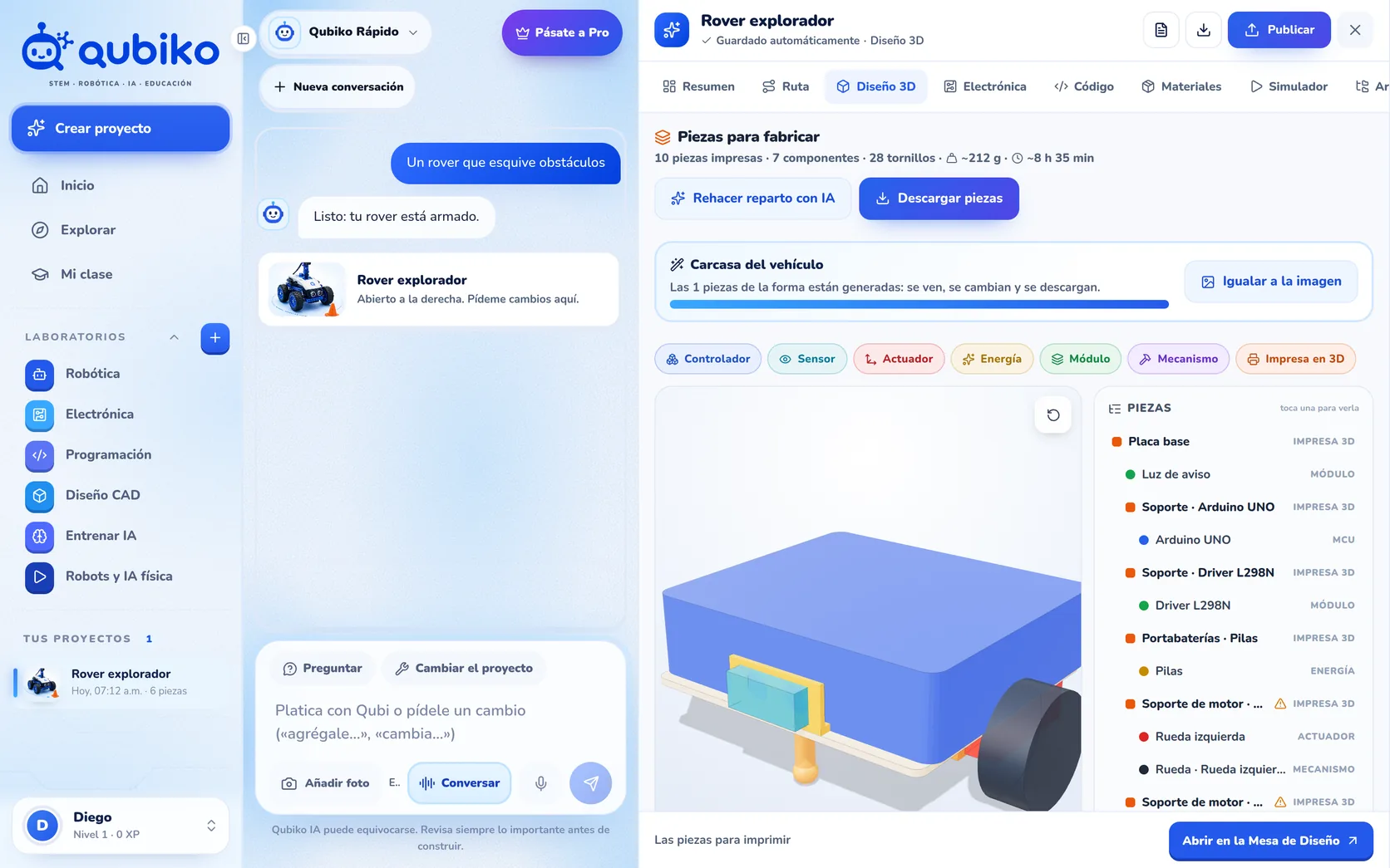 Diseño 3D del Rover explorador en Qubiko: las piezas para fabricar, su peso y tiempo de impresión, y la lista de piezas por tipo