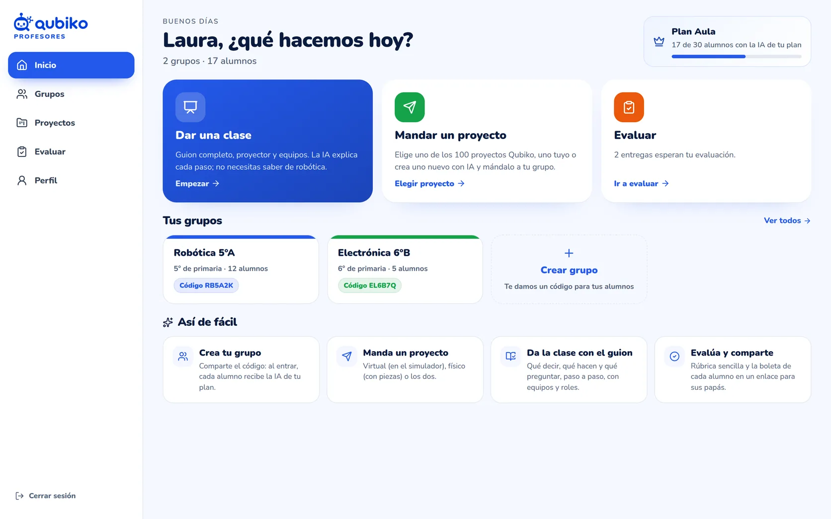 Inicio del profesor en Qubiko: dar una clase guiada, mandar un proyecto al grupo, evaluar entregas y sus grupos con su código