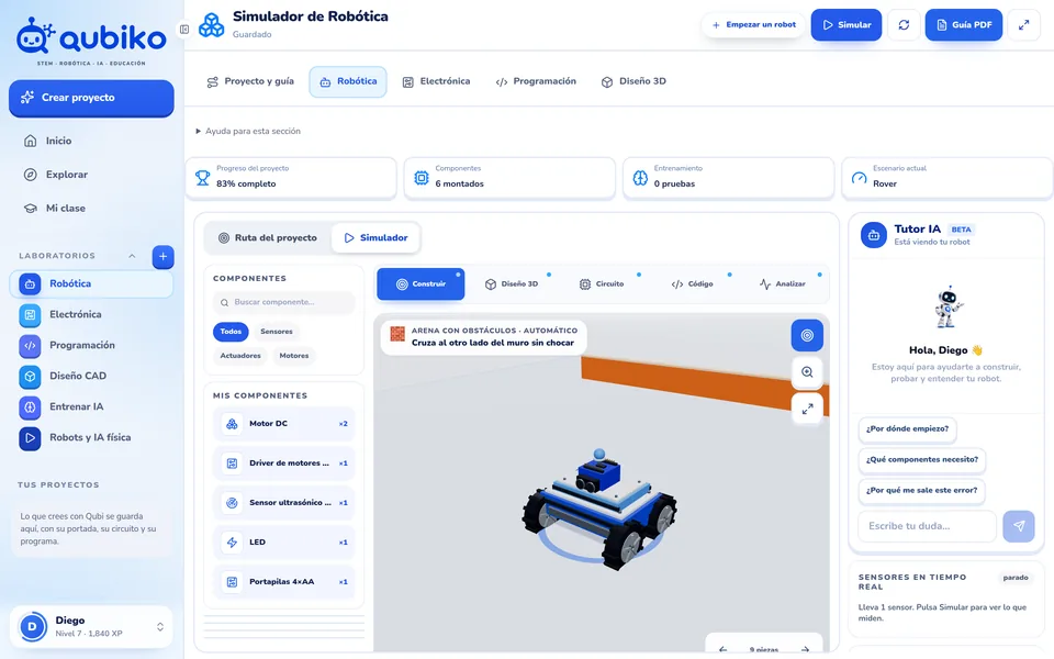 Simulador de robótica: un robot recorre una pista con obstáculos