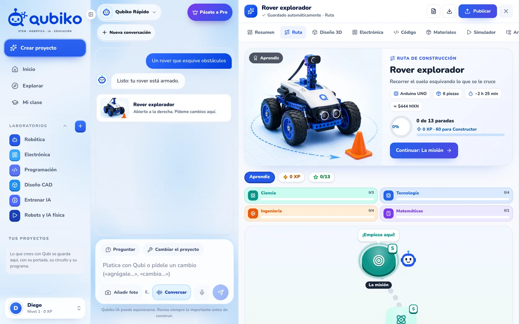 Ruta de construcción del Rover explorador en Qubiko: las áreas de ciencia, tecnología, ingeniería y matemáticas, y un camino de misiones con «¡Empieza aquí!»