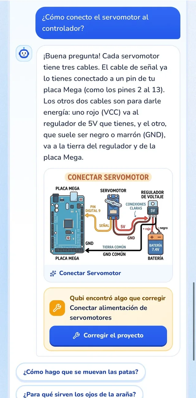 Ejemplo del tutor de IA en un celular: explica cómo conectar un servomotor, muestra un diagrama y propone «Corregir el proyecto»