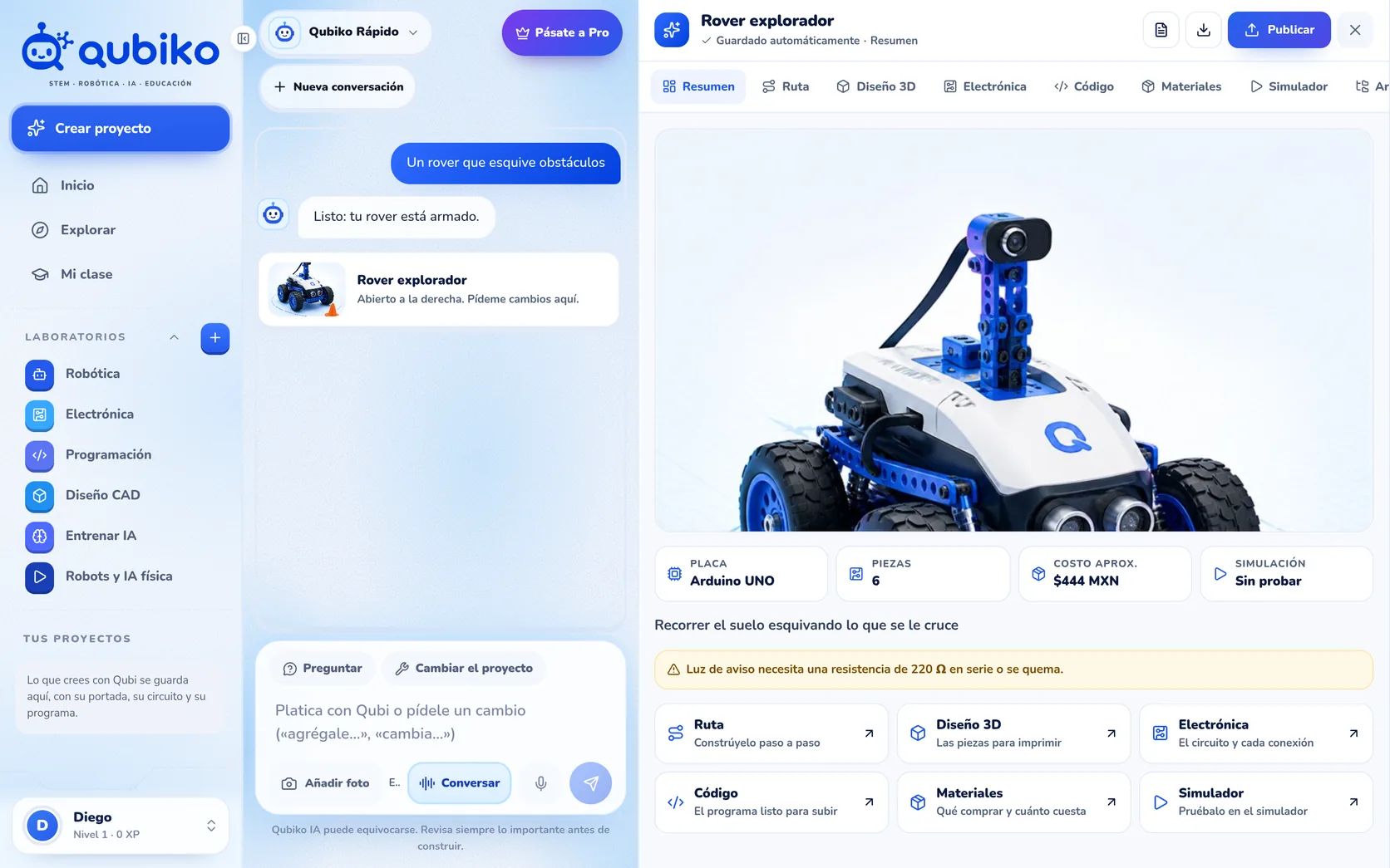 Qubiko con el chat a la izquierda y el Rover explorador abierto a la derecha: su portada, placa, piezas, costo aproximado y accesos a ruta, diseño 3D, electrónica, código, materiales y simulador